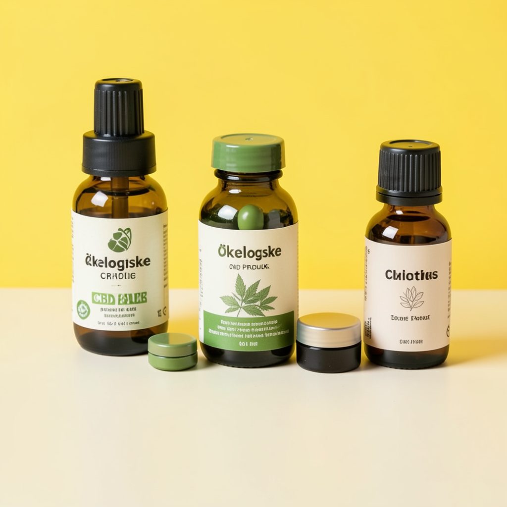 Et stilrent fladlayout af økologiske CBD-produkter – olieflasker, kapsler og balsam i naturlige toner af grøn, gylden og beige på en lys, neutral baggrund.