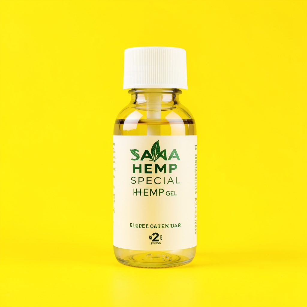 Sana Hemp special hamp gel tube på en lys overflade med grønne planteblade